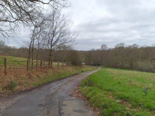 A track descending downwards though fields of grass